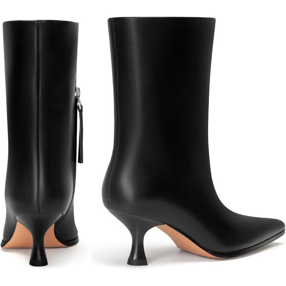 Women Black Kitten Heel Pointed Toe Stiletto Faux Leather Mid Calf Ankle Booties - Picture 7 of 7